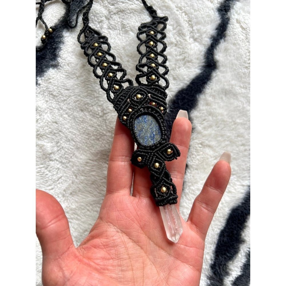Sacred Ankh Double Quartz Point + Lapis Lazuli Hemp Necklace Pendant